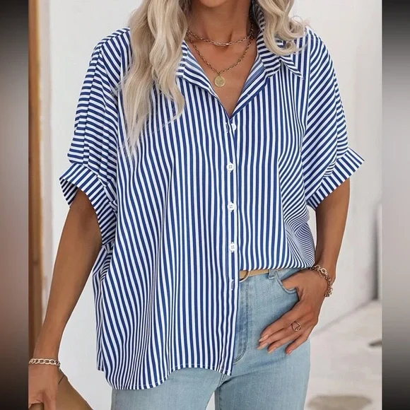 Classic Oversized Loose Fit Stripe Batwing Sleeve Button Down Shirt Top Blouse - Picture 3 of 14